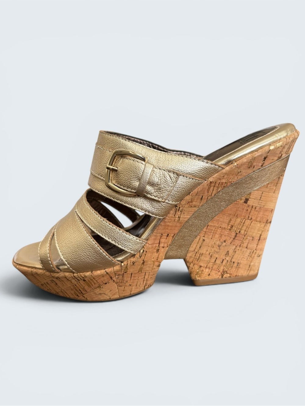 Sofft Metallic Gold Leather Cork Wedge Open Toe Slides Sandals Size 9